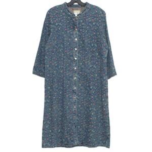 Vintage Shirtdress 3/4 Sleeve Floral Cottage Prairie Boho Farm Button Up Blue 16